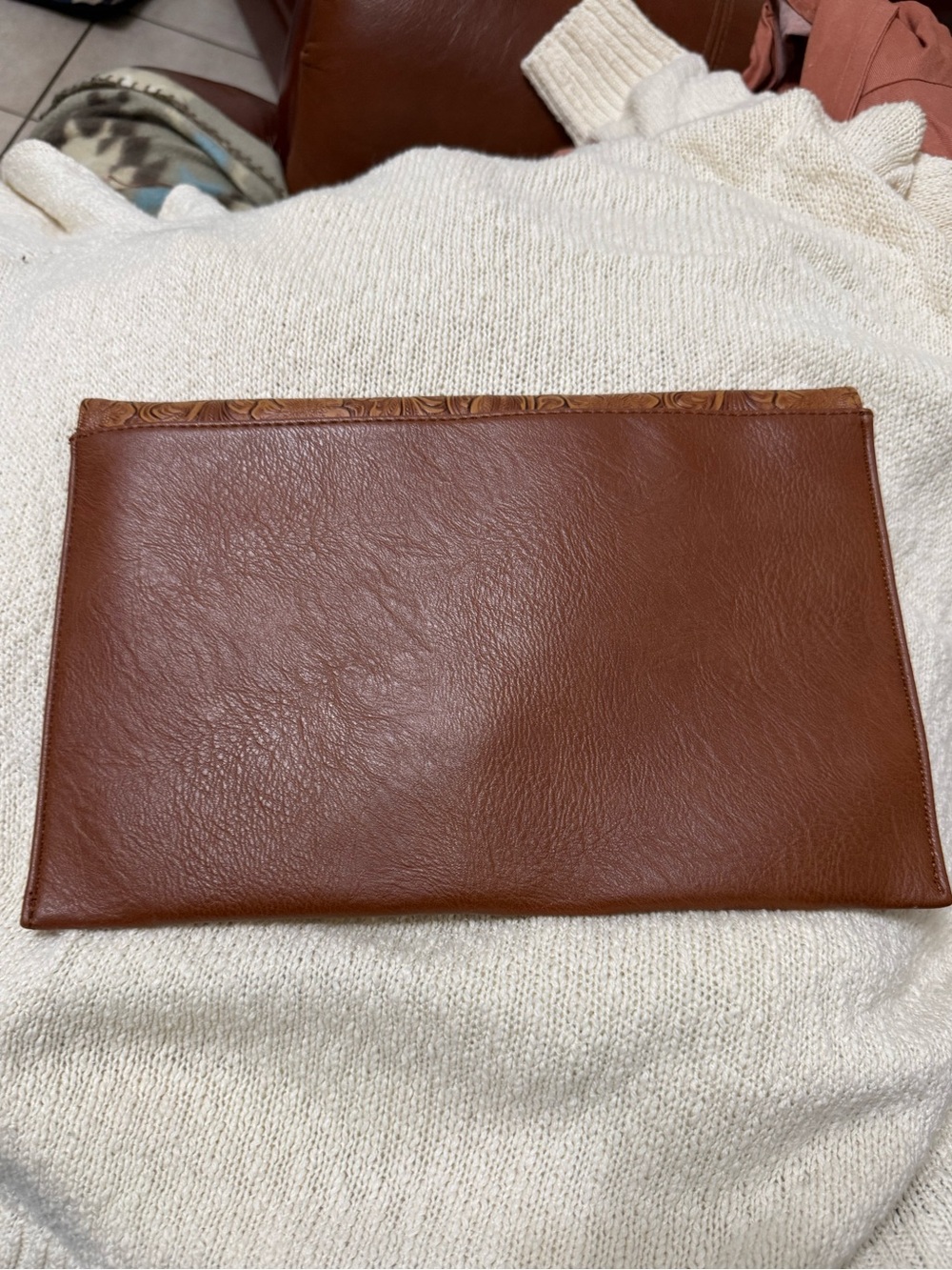 Embossed Leather-Faux Brown Envelope Clutch - Picture 3 of 8